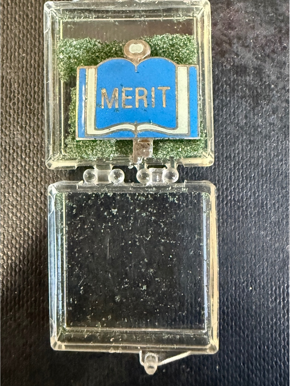 Vintage Merit Blue Book Enamel Pin with Clear Case